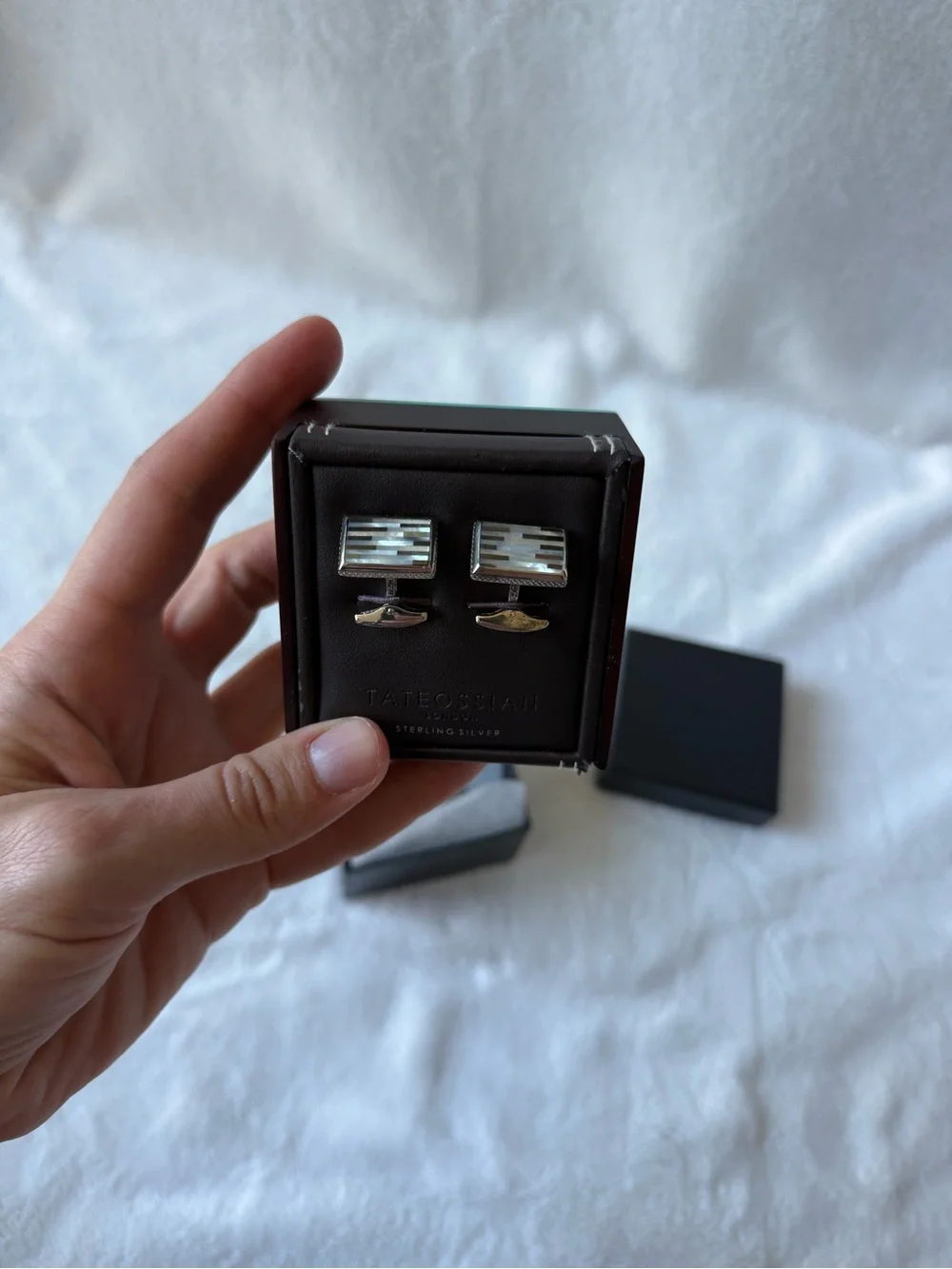Tateossian London CL6017 Sterling Silver Black & White MOP Cufflinks w/ Box